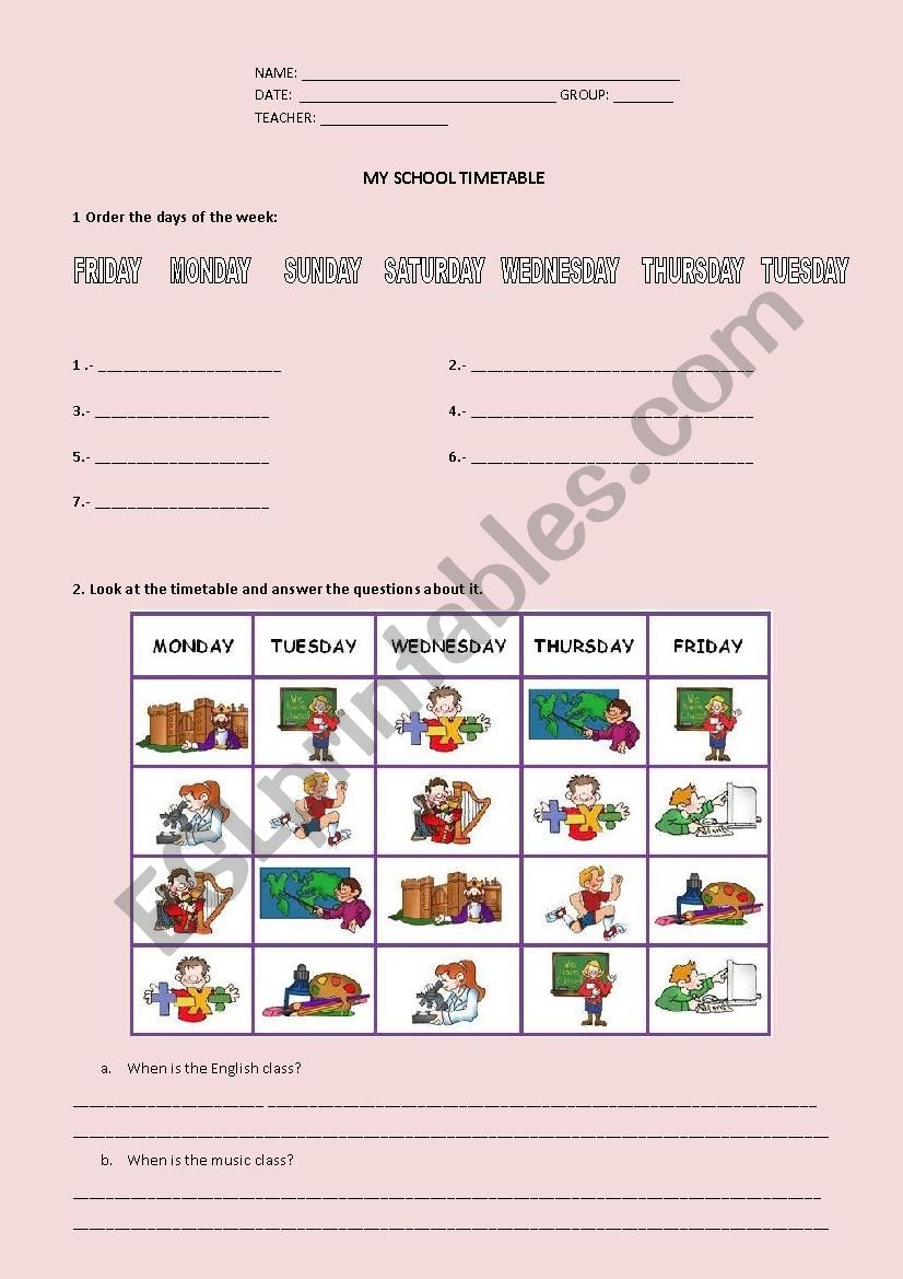 Days of the week and school timetable