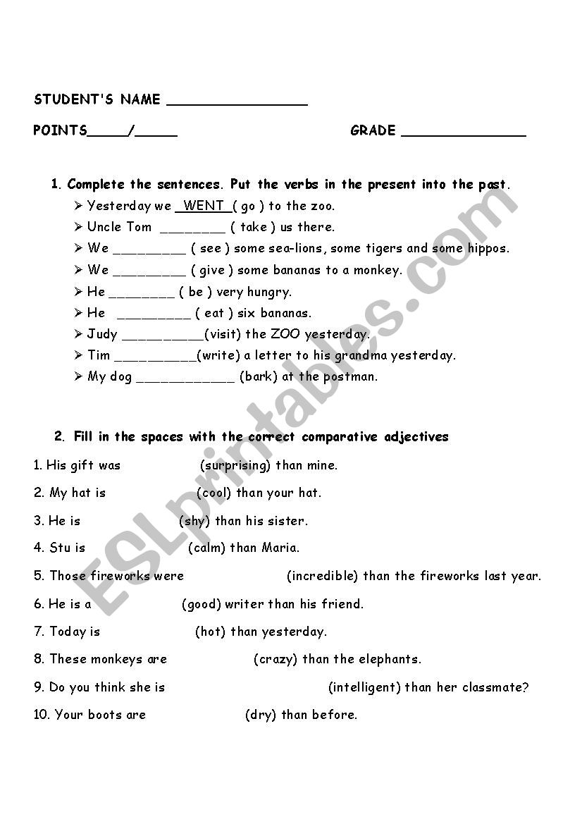 test for fourgraders worksheet