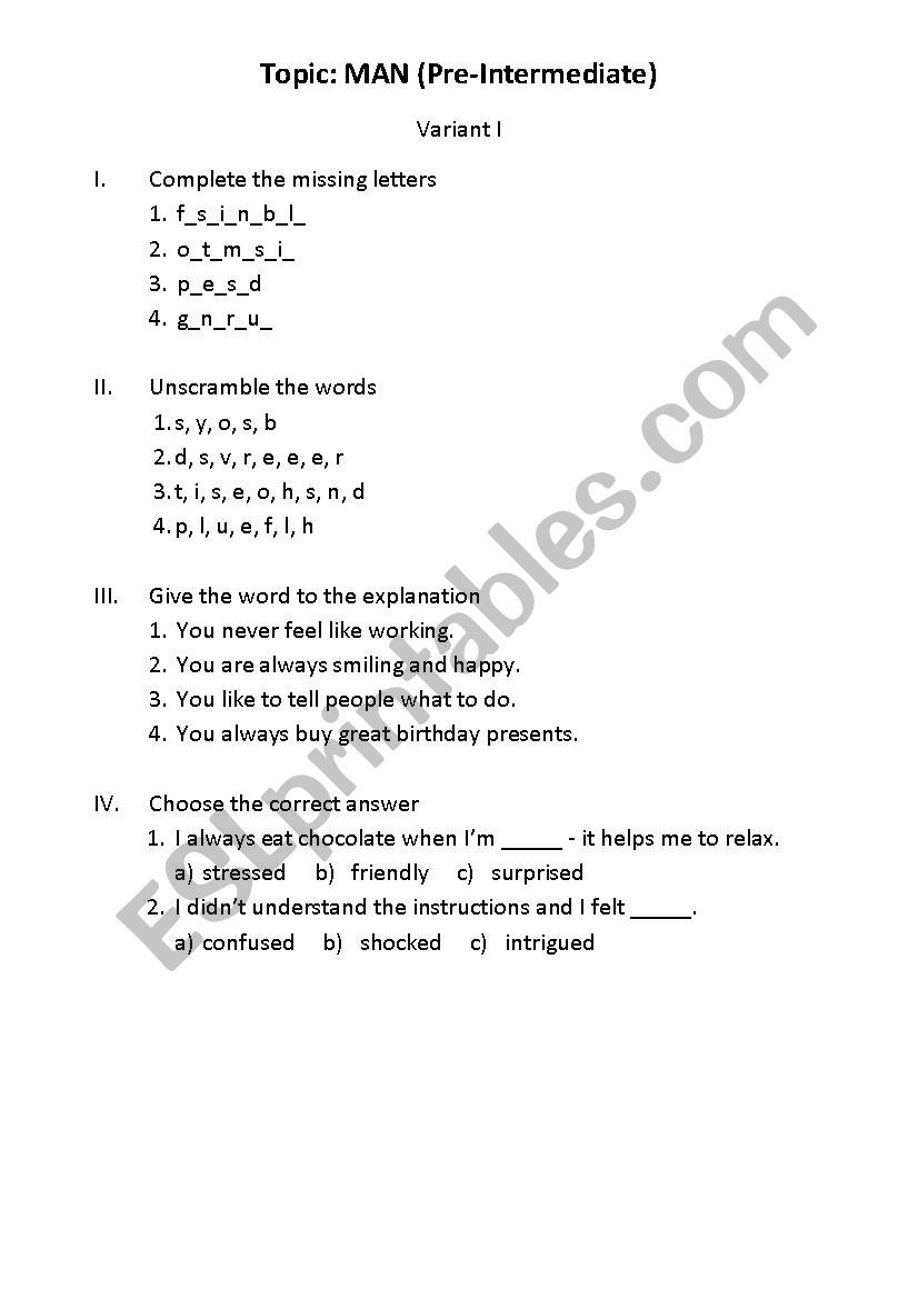 Man (vocabulary test) worksheet