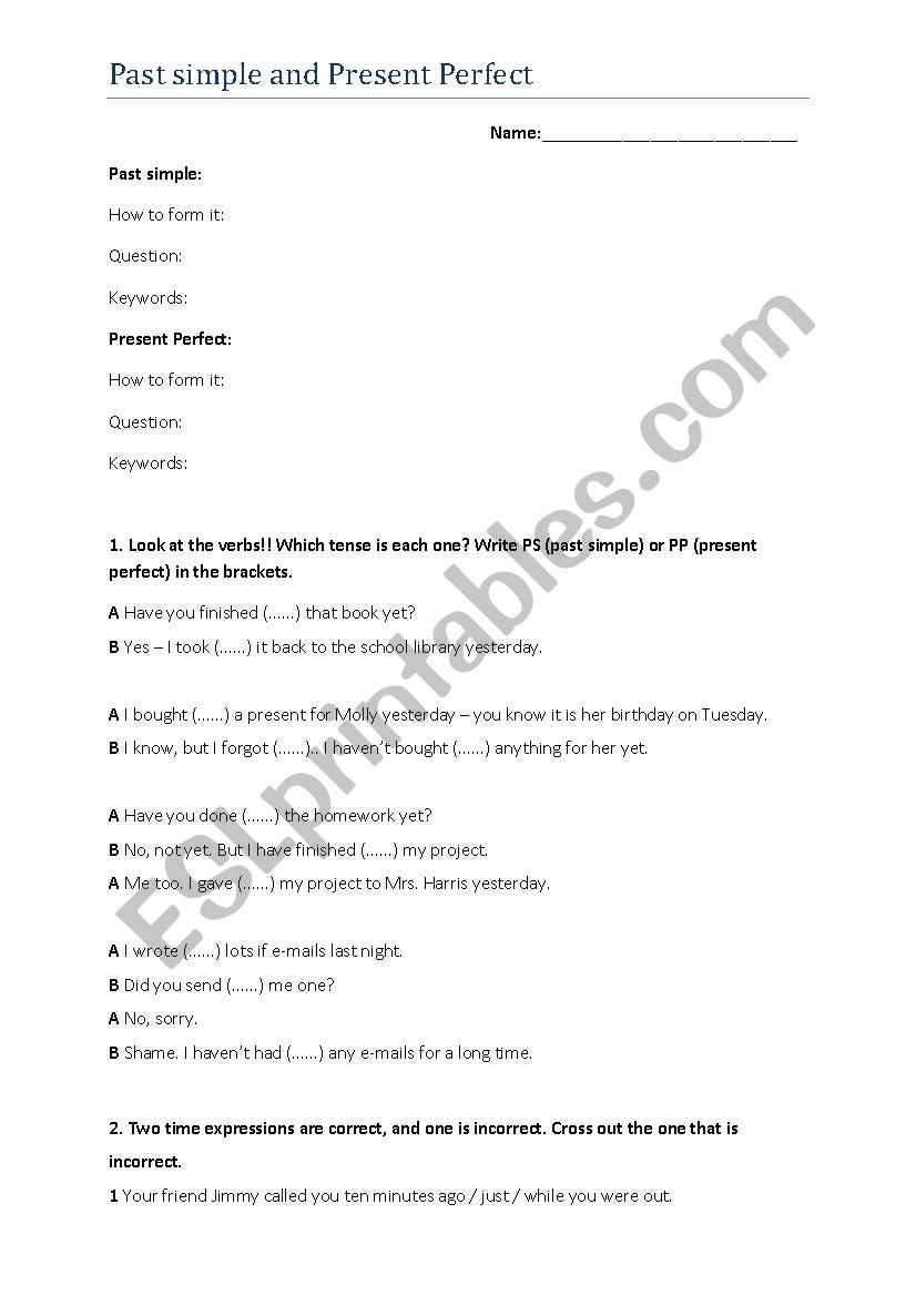 Present or Past Perfect worksheet