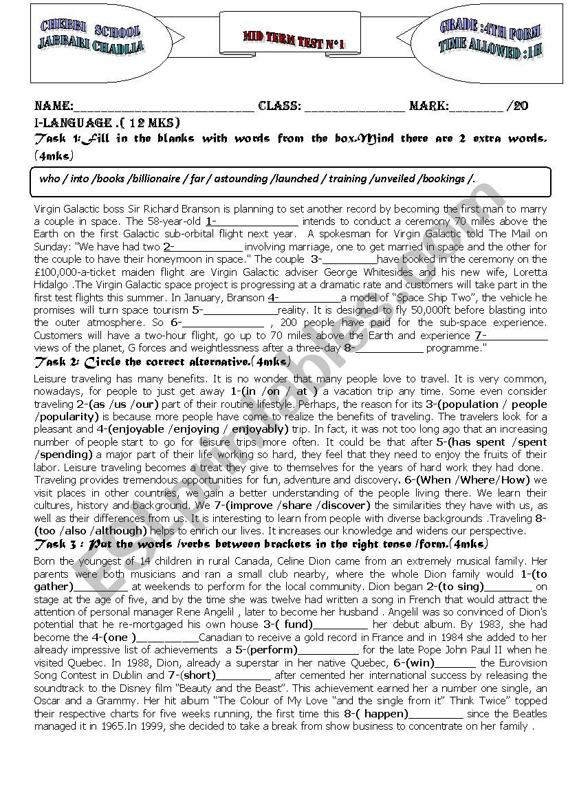 Bac mid term test N°1 worksheet Bac mid term test N°1 worksheet