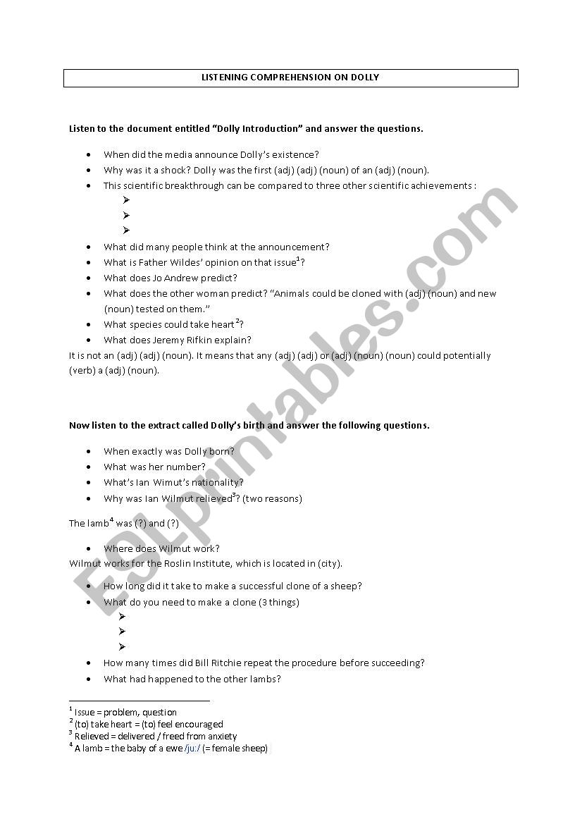 Listening comprehension on Dolly, the cloned sheep
