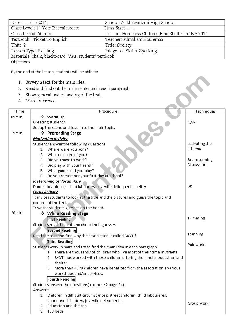 Lesson Plan worksheet