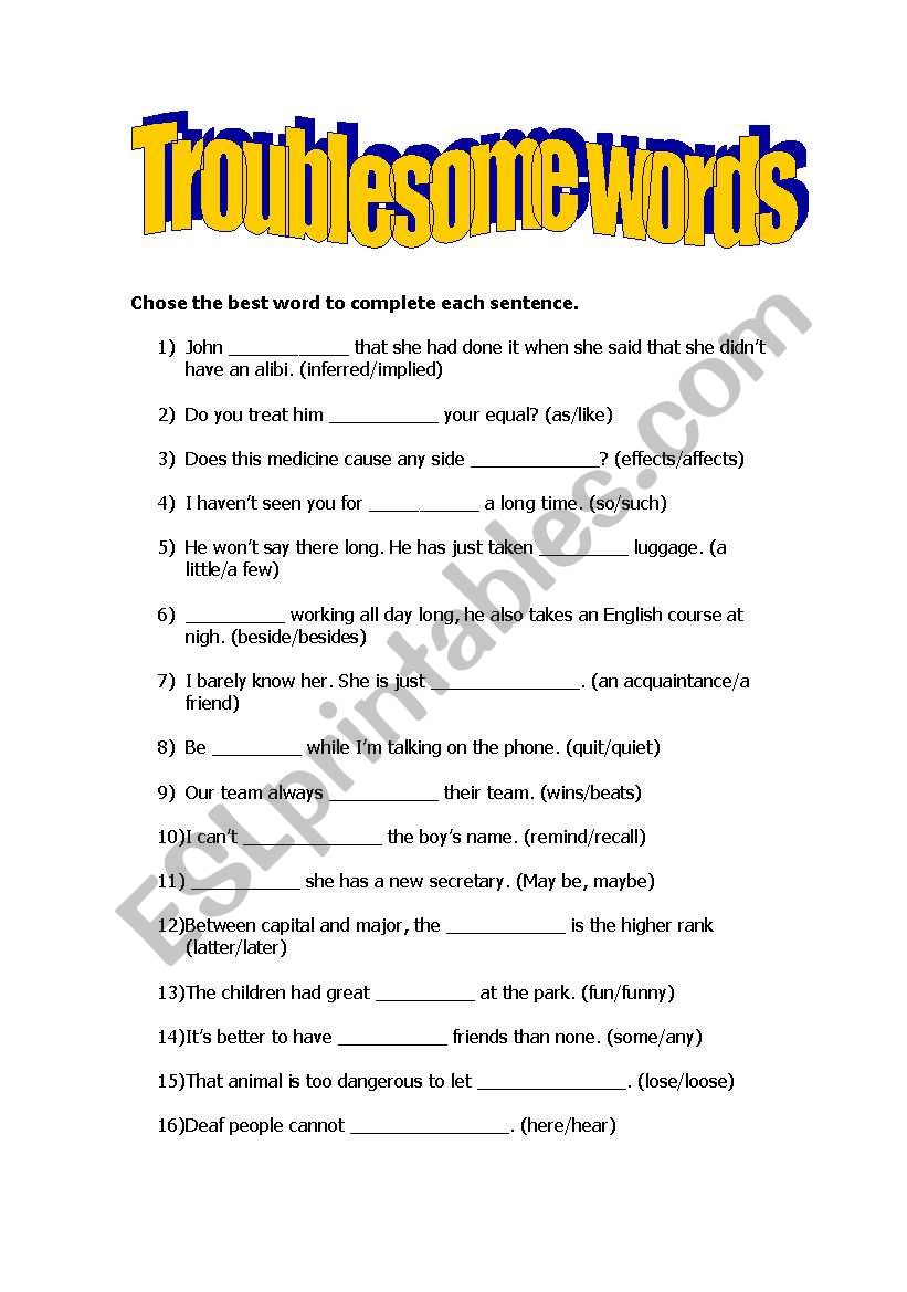 Troublesome words worksheet