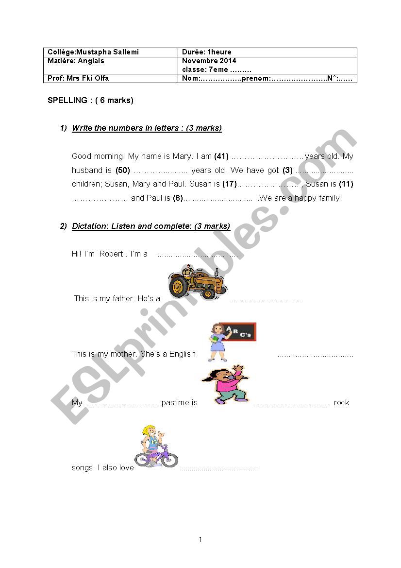 7th form mid term test worksheet