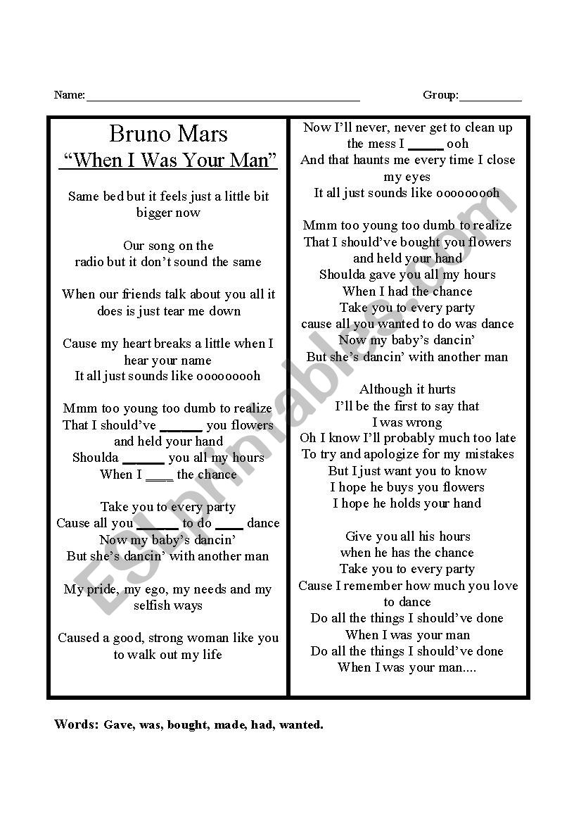 When I was your man worksheet