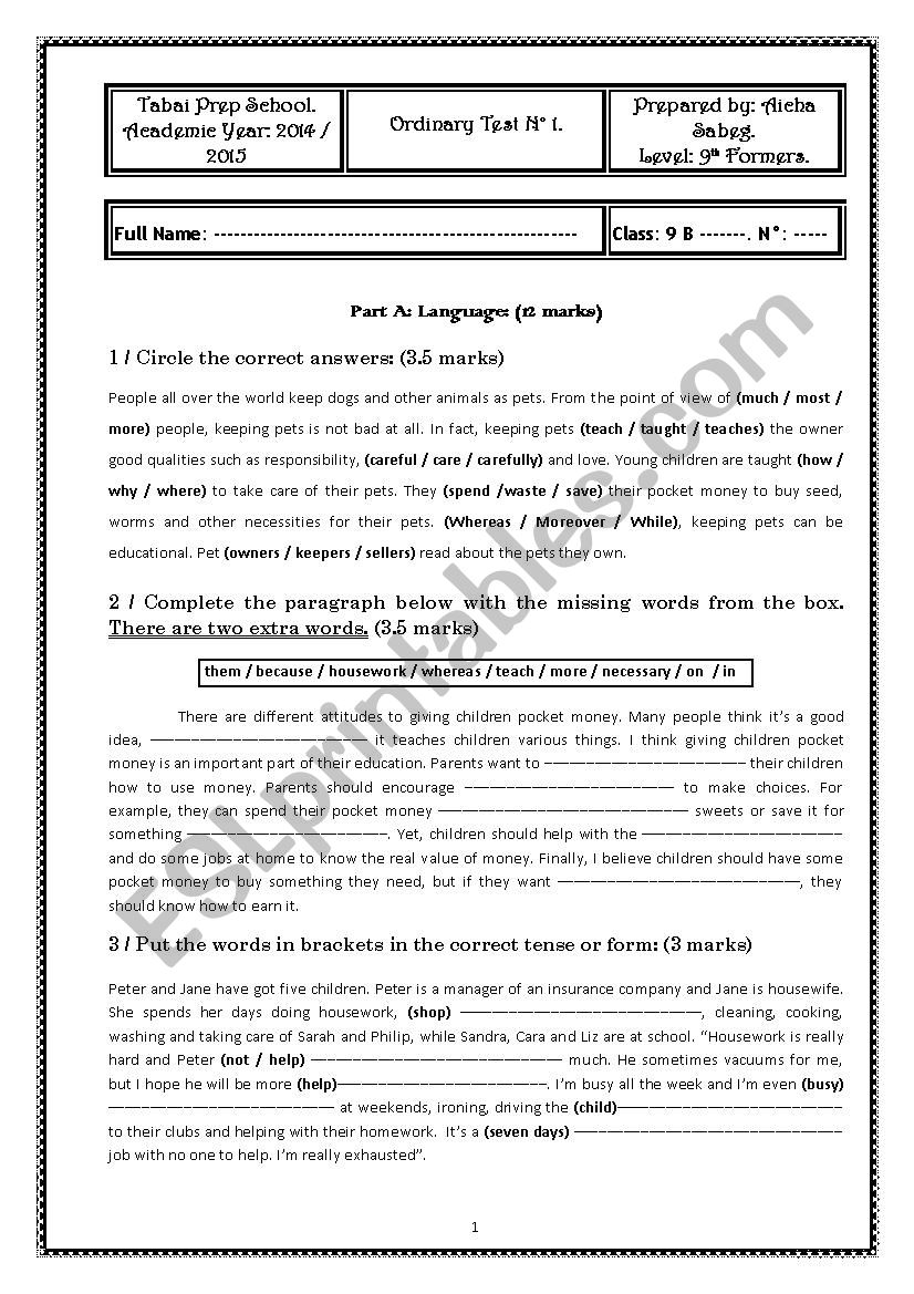 Ordinary Test worksheet