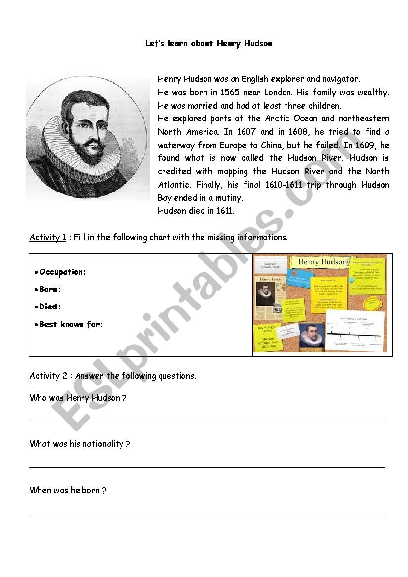 navigators : Henry Hudson worksheet