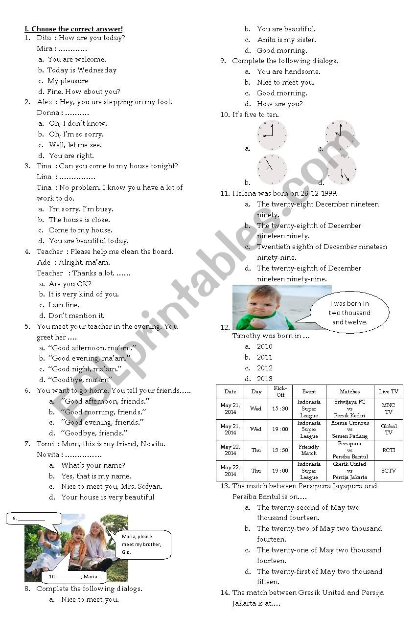 Daily test worksheet