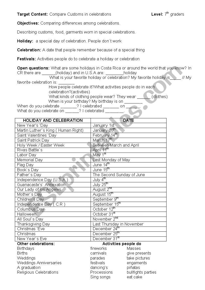 Holidays Vocabulary worksheet