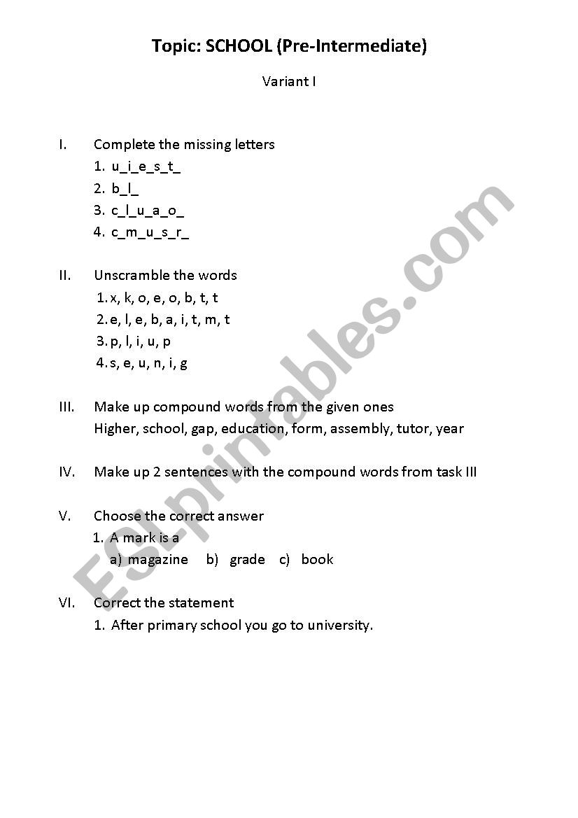 School (vocabulary test) worksheet