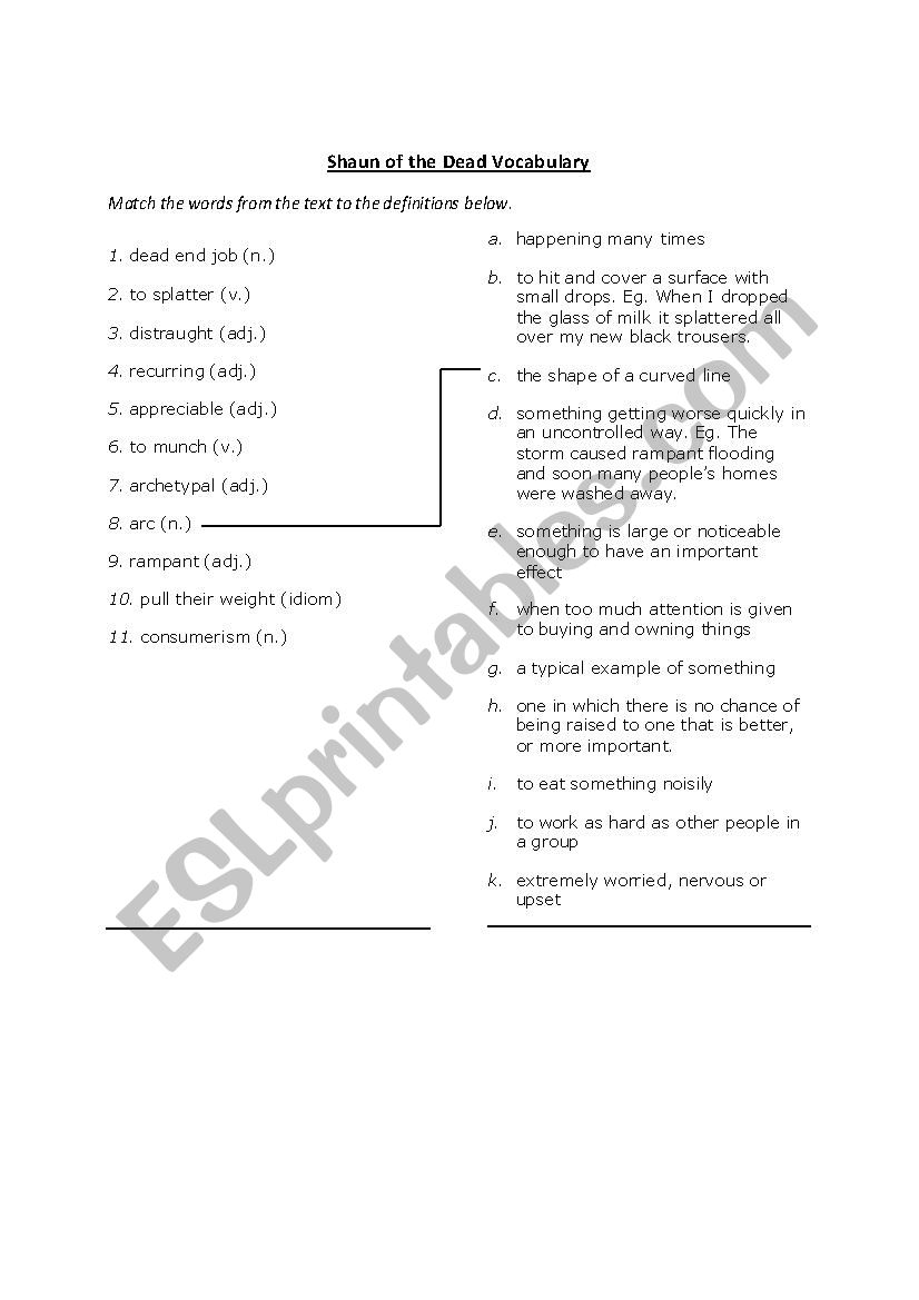 Shaun of the Dead Vocabulary Matching Worksheet