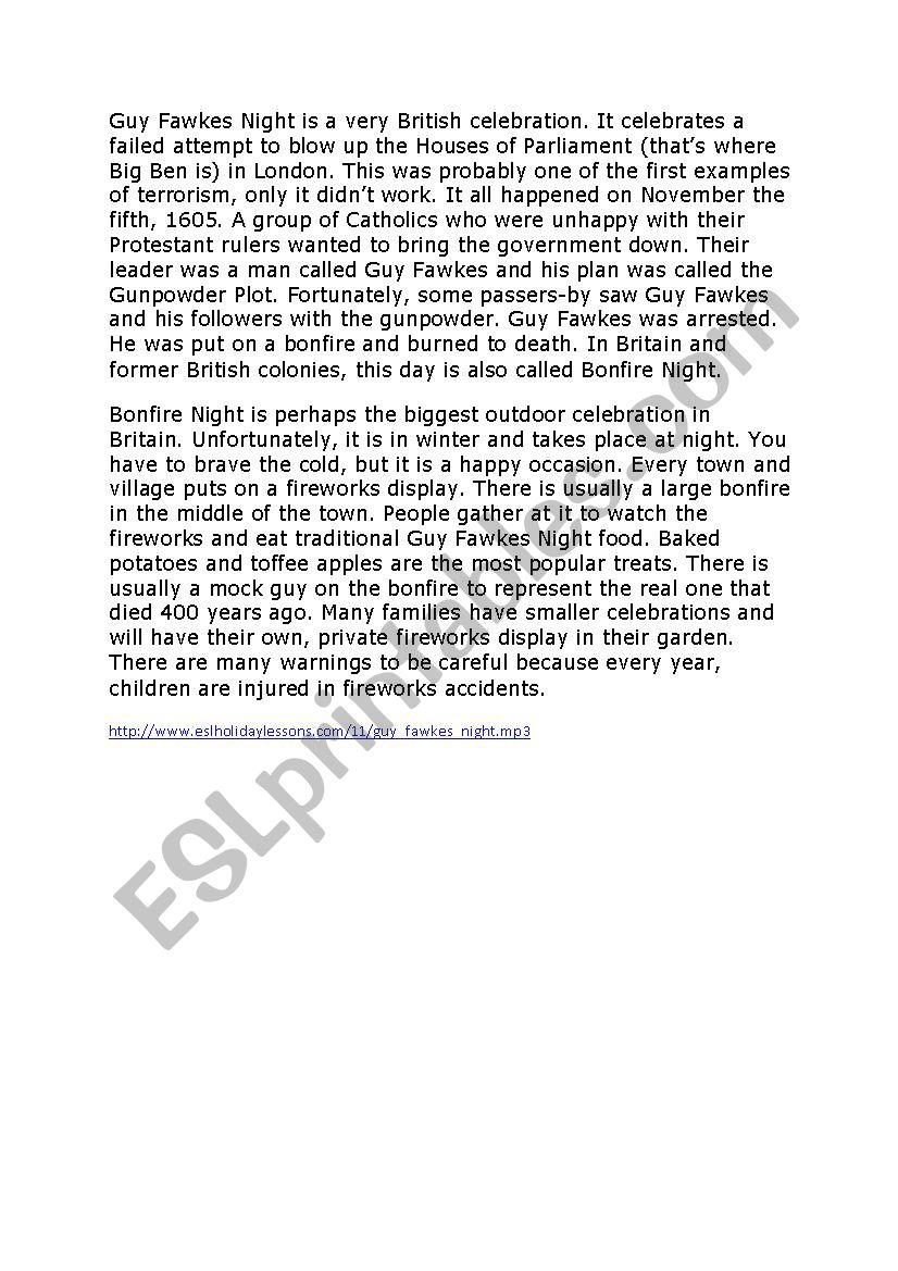 Guy Fawkes Night Listening And Vocabulary Exercises Esl Worksheet By Frausue