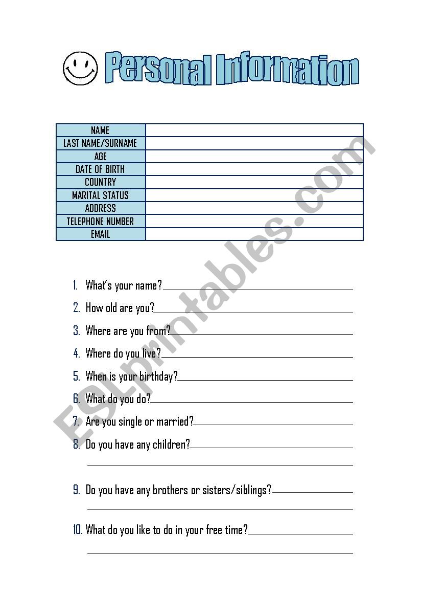 Personal Information worksheet