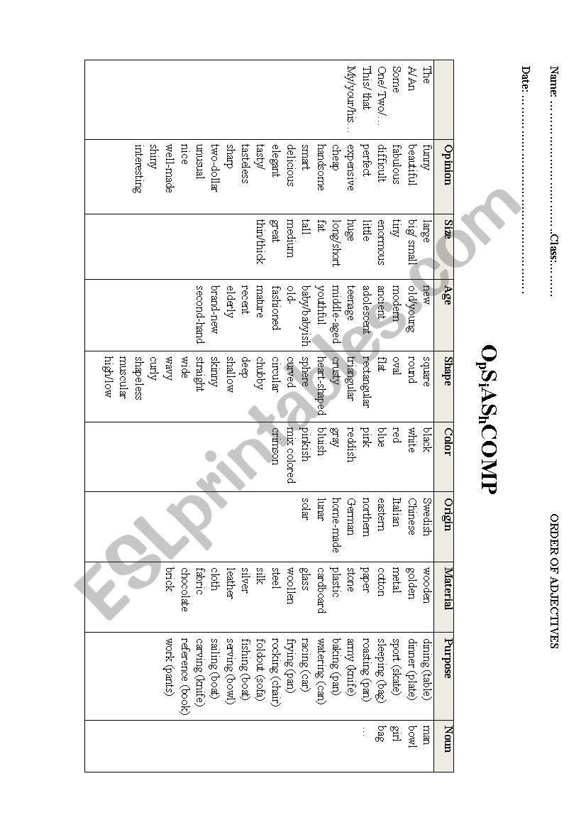 ORDER OF ADJECTIVES worksheet