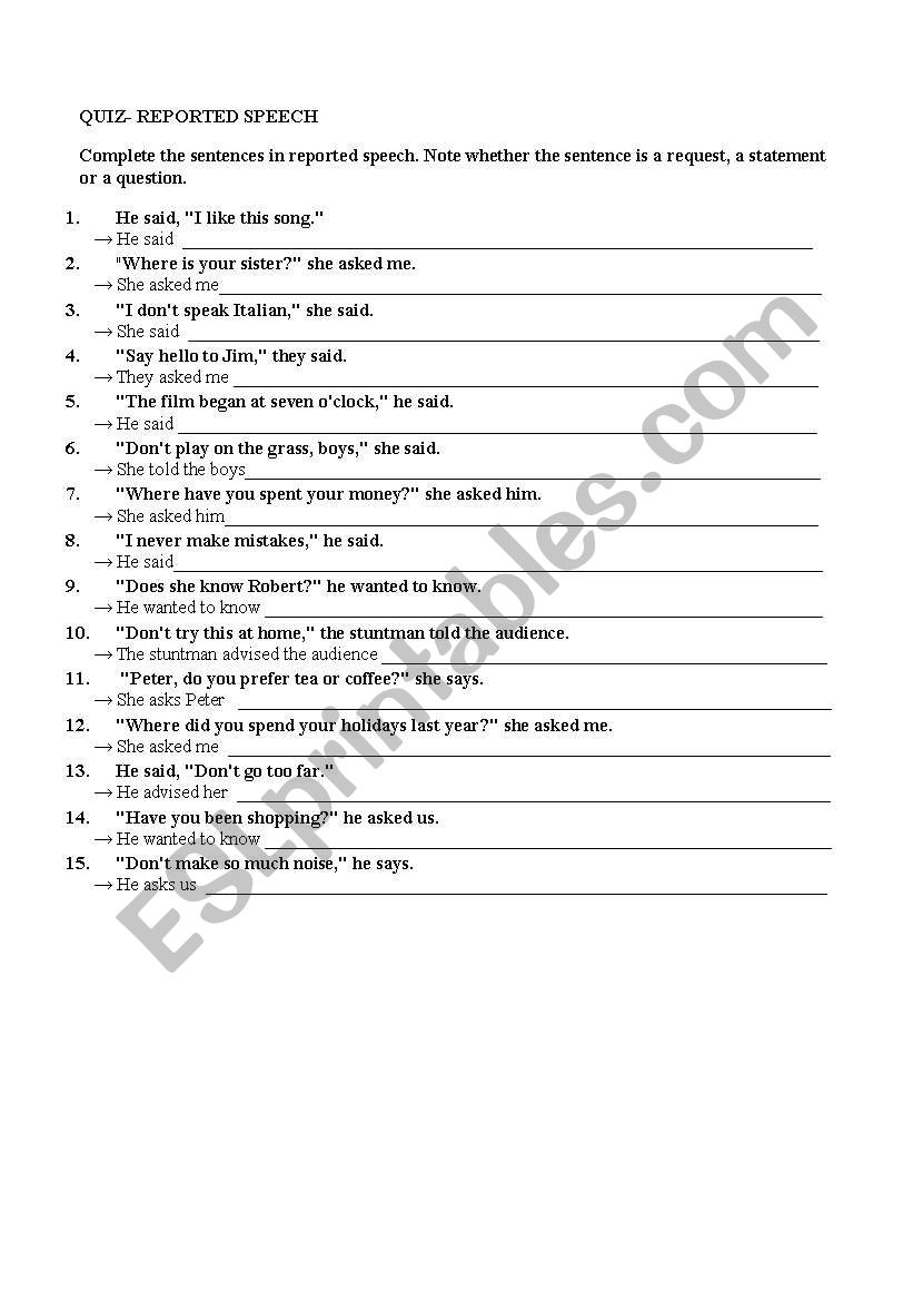 Reported speech - Quiz worksheet