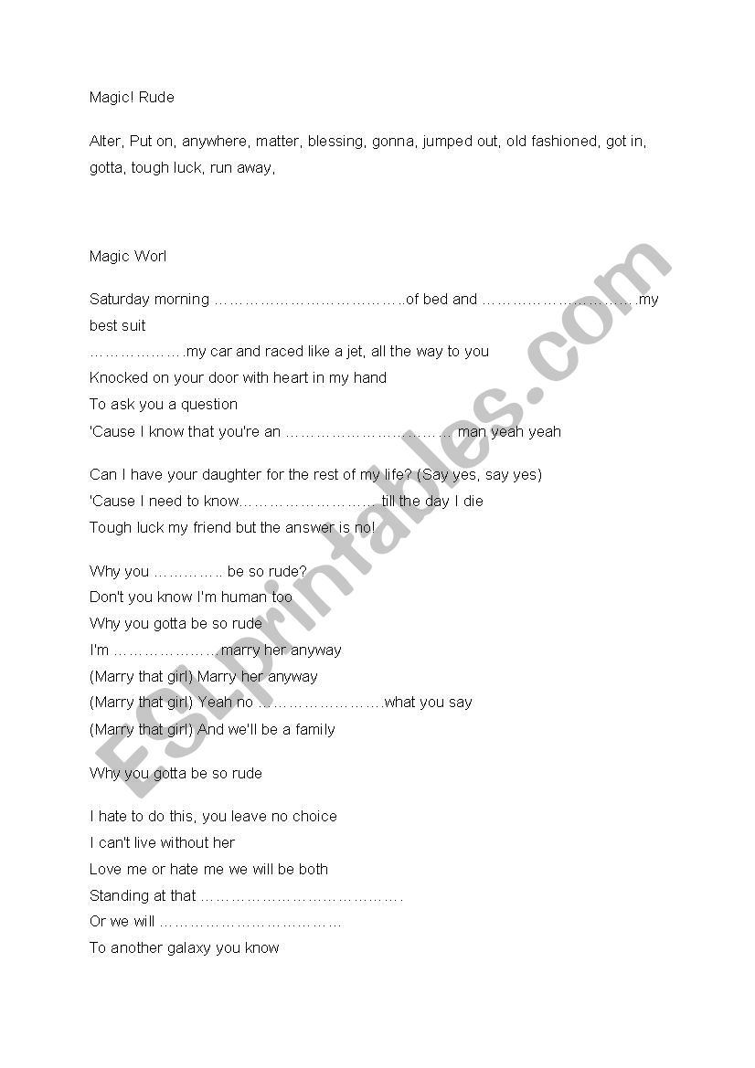 Magic! Rude song worksheet