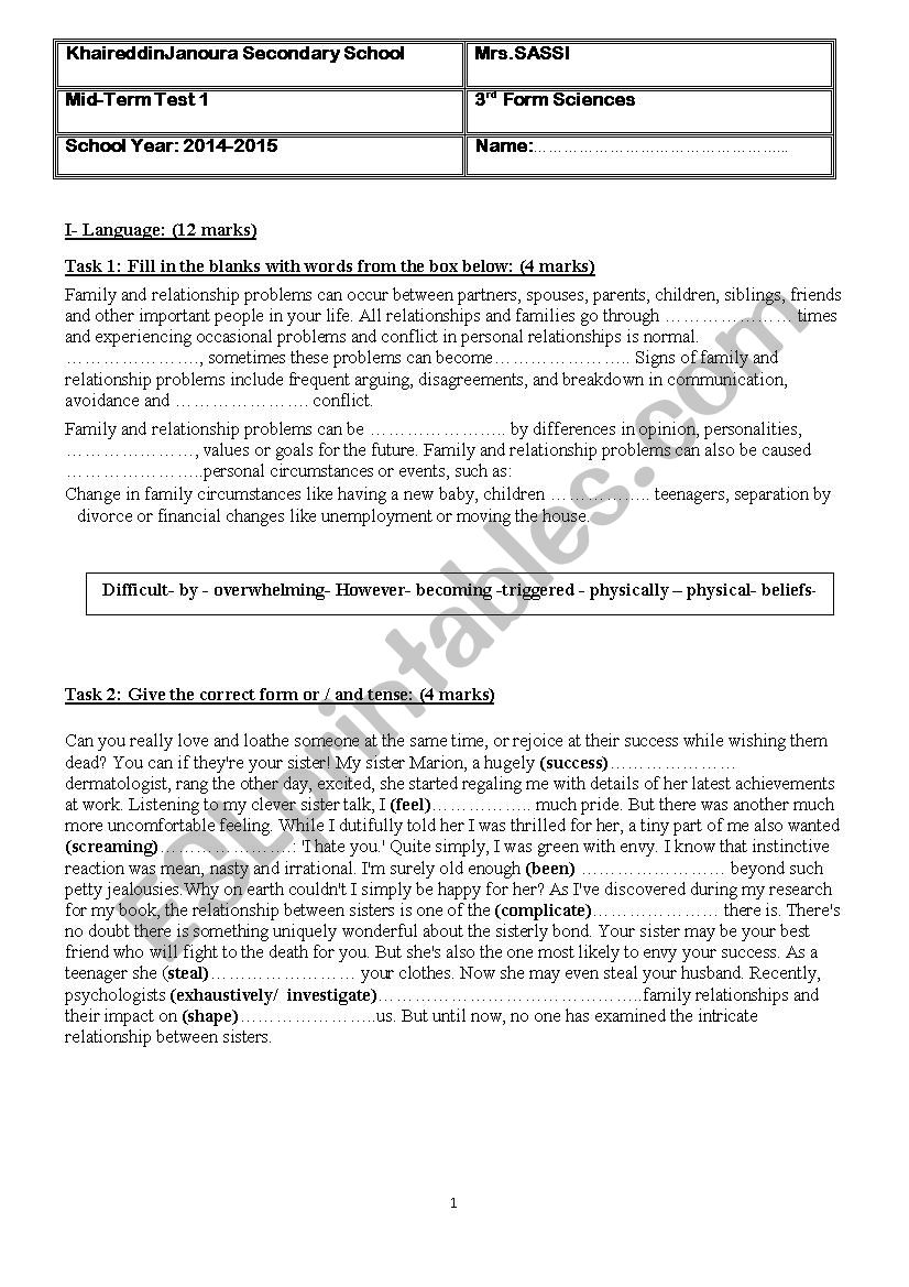 3rd form test term 1 worksheet