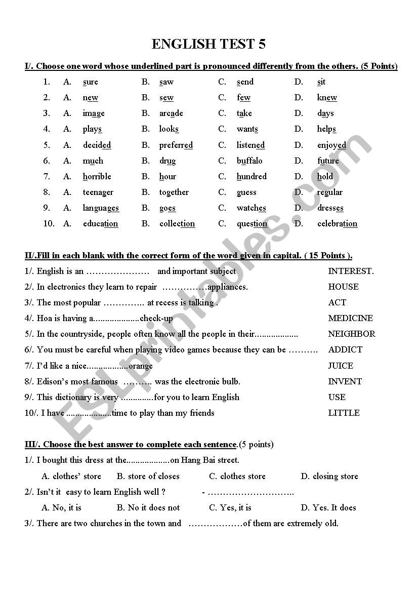English test grade 7 worksheet