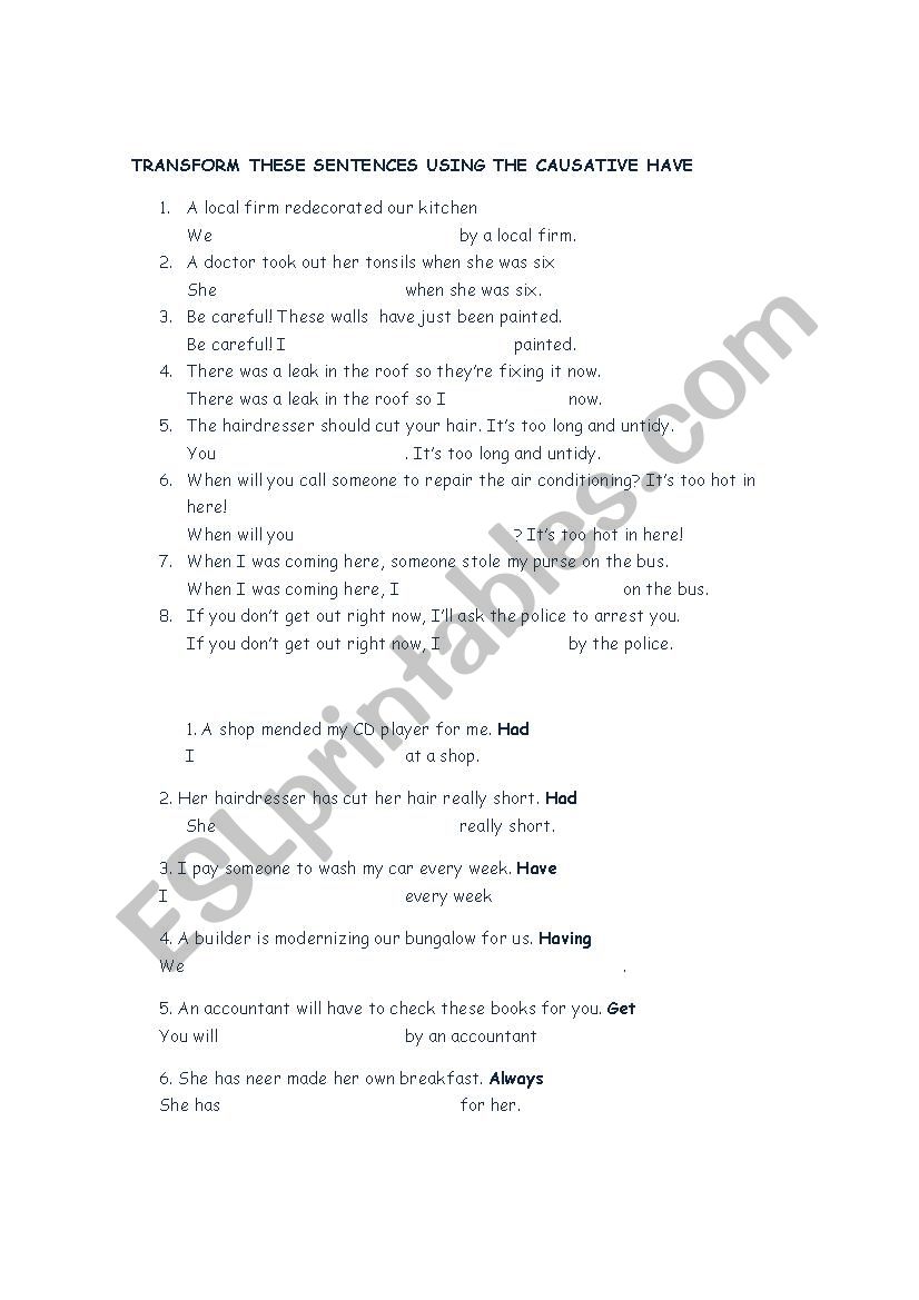 TRANSFORMATION CAUSATIVE worksheet