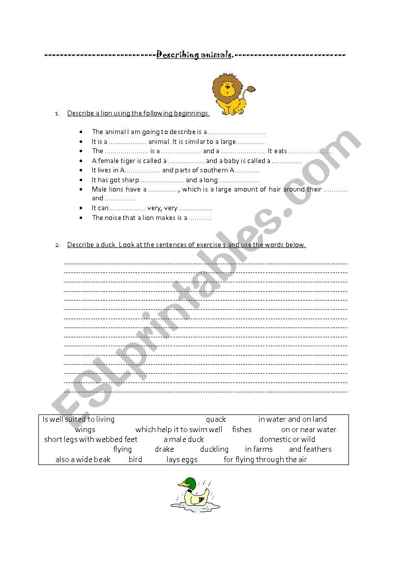 Animal description worksheet