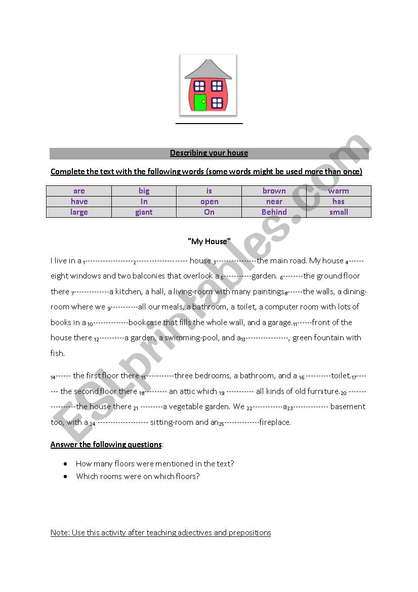 Describing a house worksheet