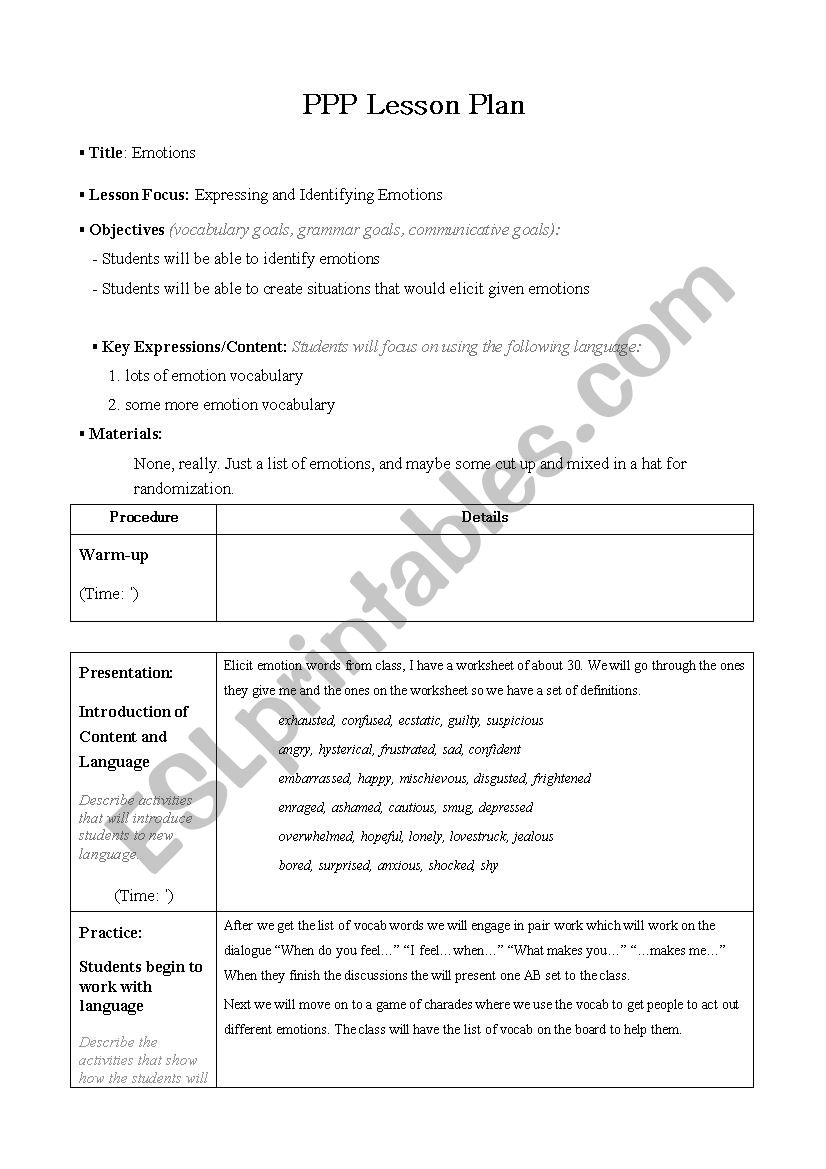 Emotions lesson plan worksheet