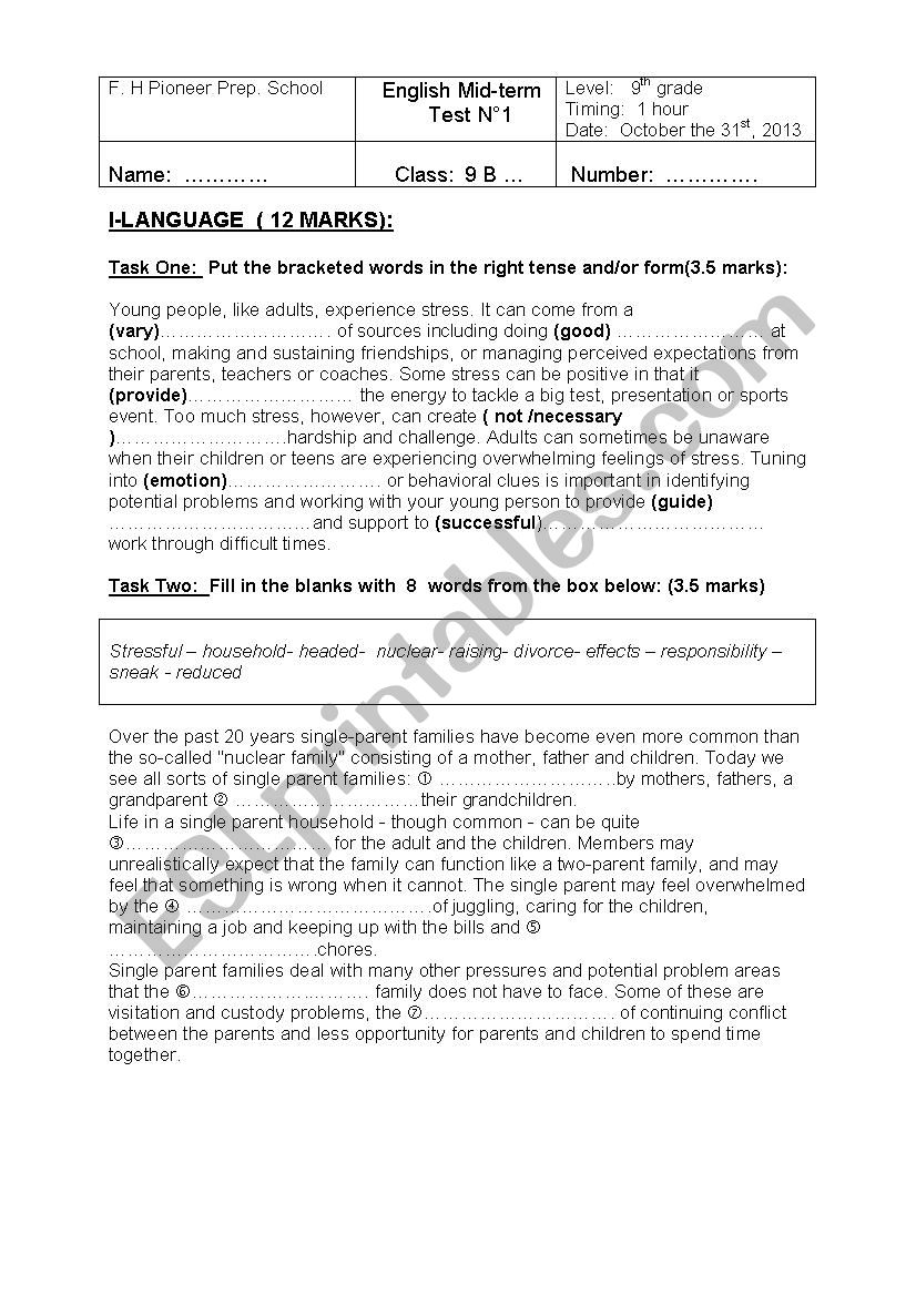 Grade nine  mid-term test n1 , Tunisian textbooks 