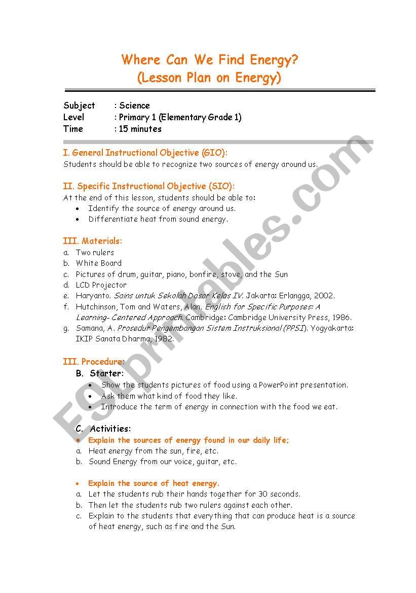 Where can we find energy? worksheet