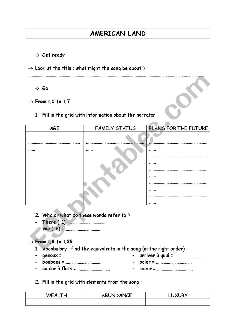 American land worksheet