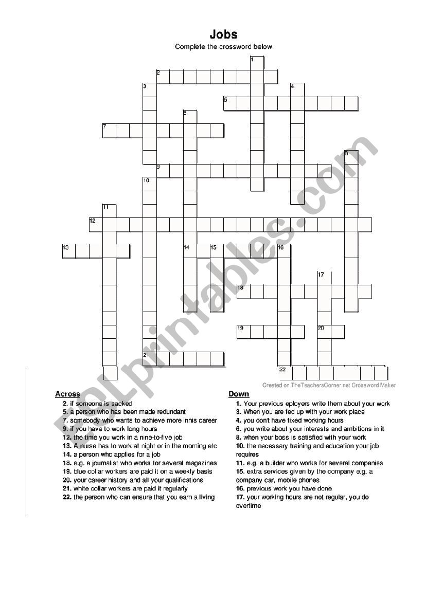 Jobs crossword puzzle worksheet