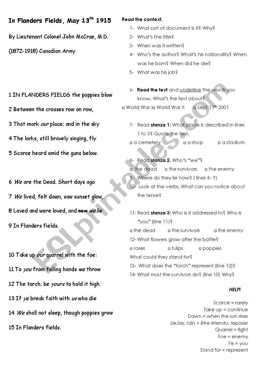 In Flanders Fileds worksheet