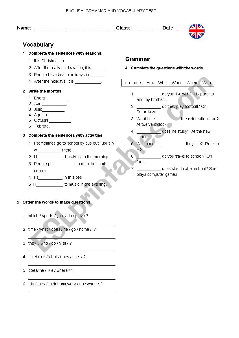 grammar and vocabulary test worksheet