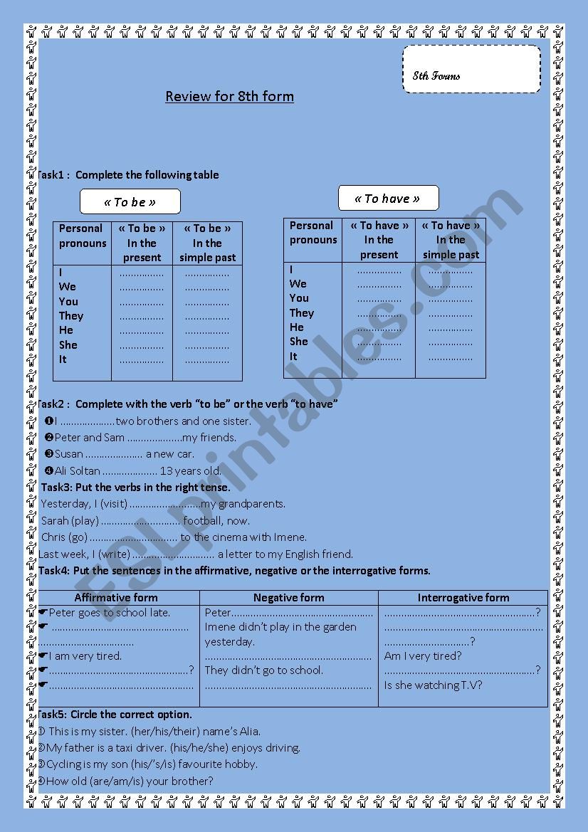 Review activities for 8th form module 1