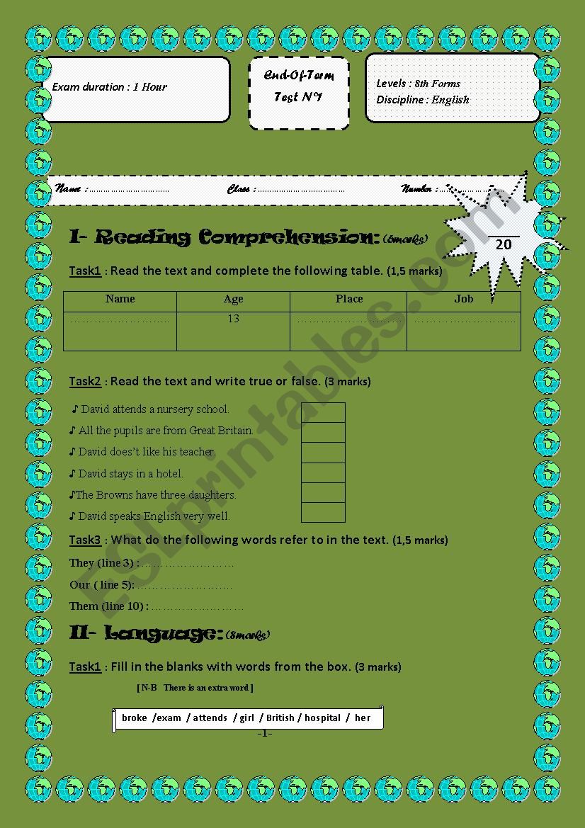 Full term test 1 for 8th pupils 