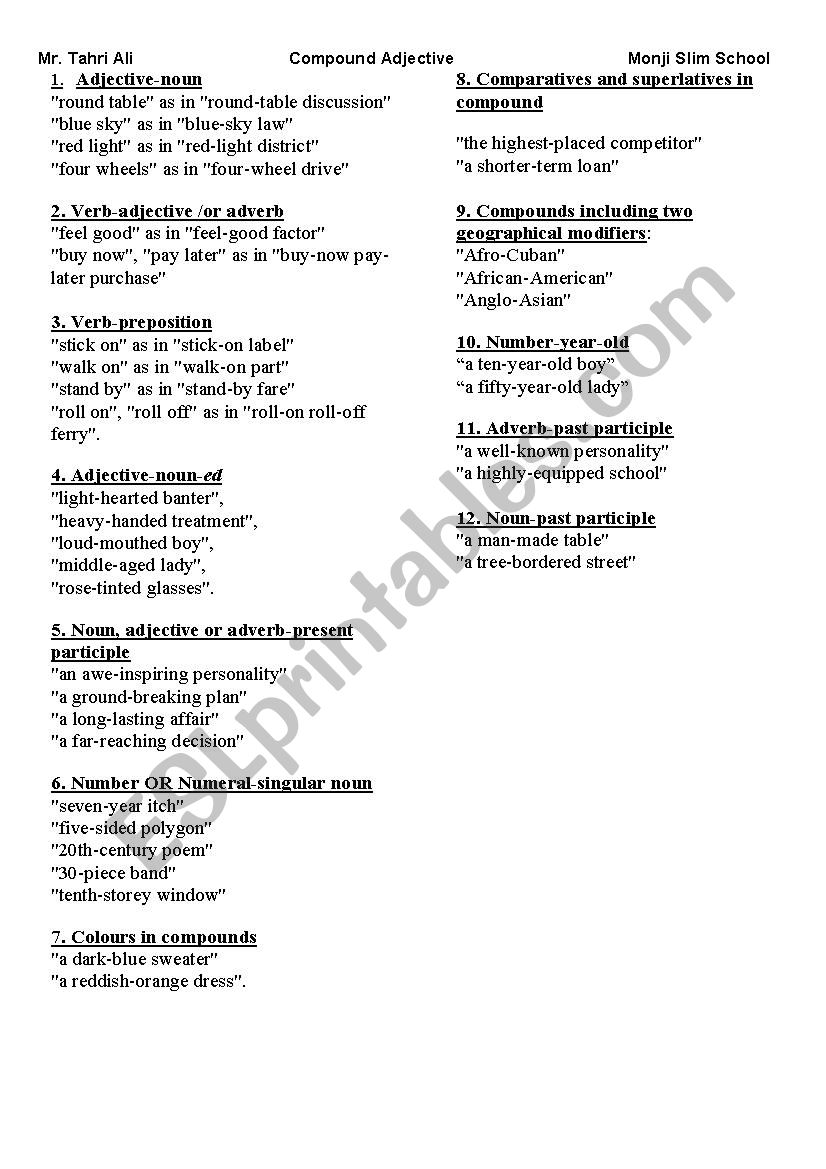 compound adjectives worksheet