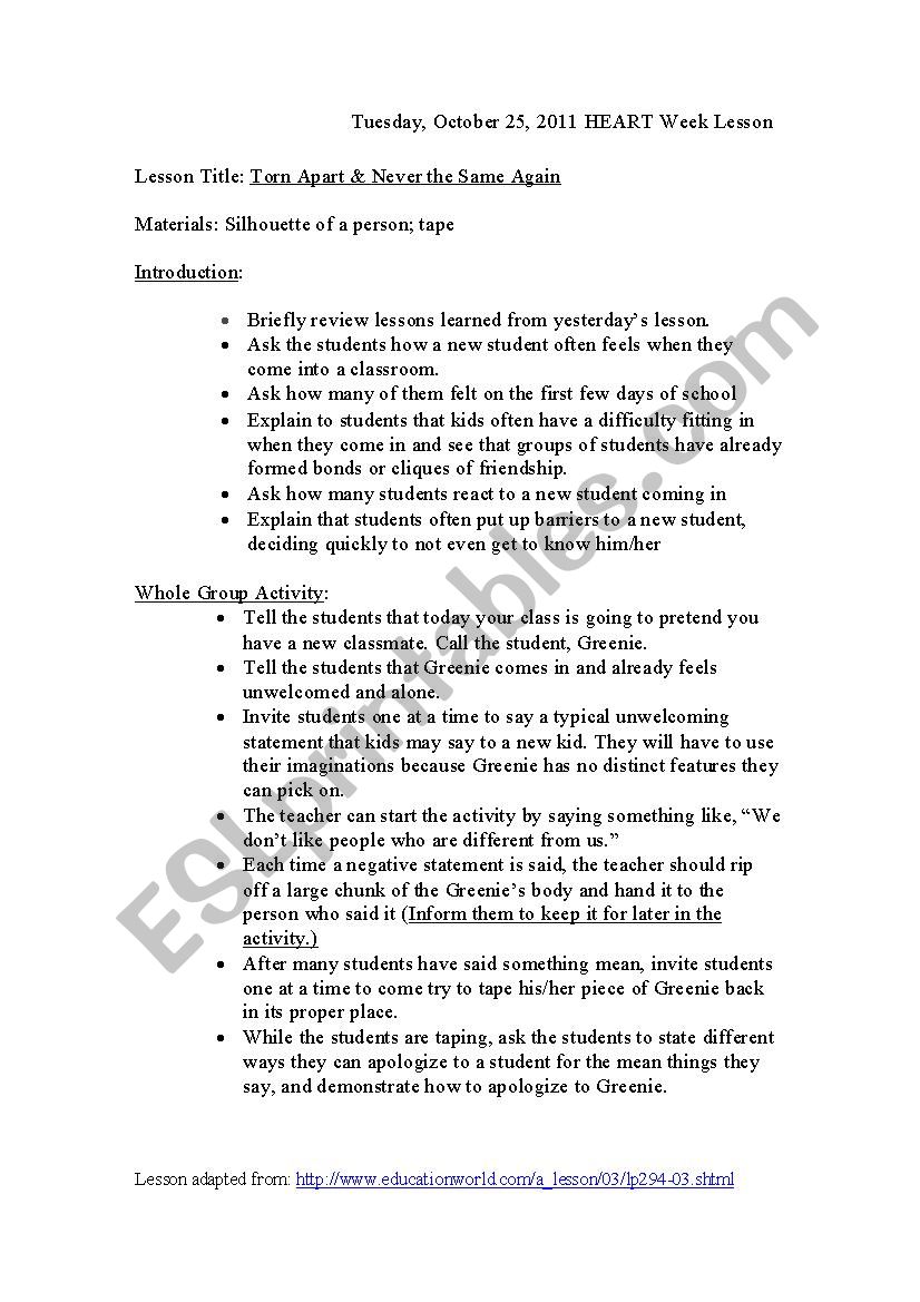 Bullying Lesson worksheet