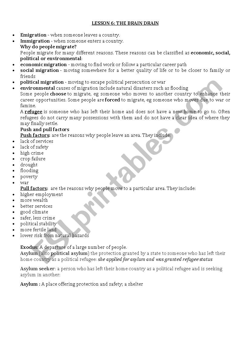 lessson 6 the brain drain worksheet