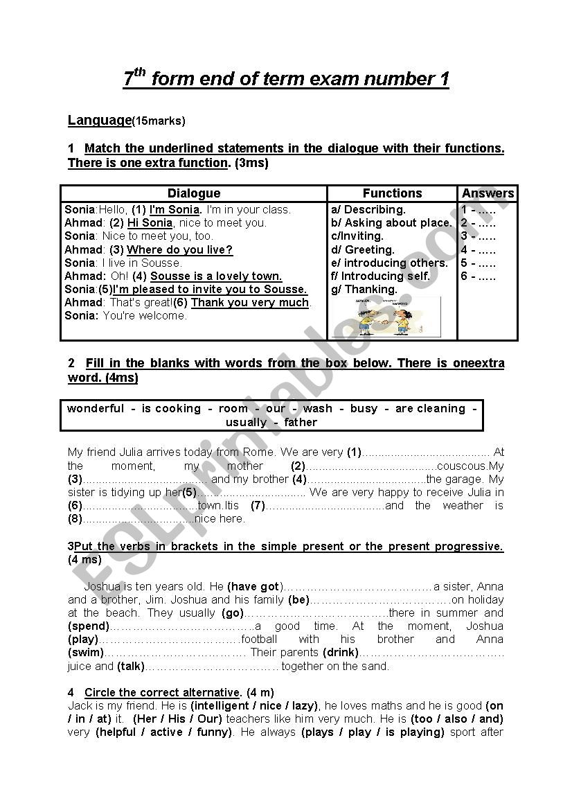 7th form end of term exam number 1