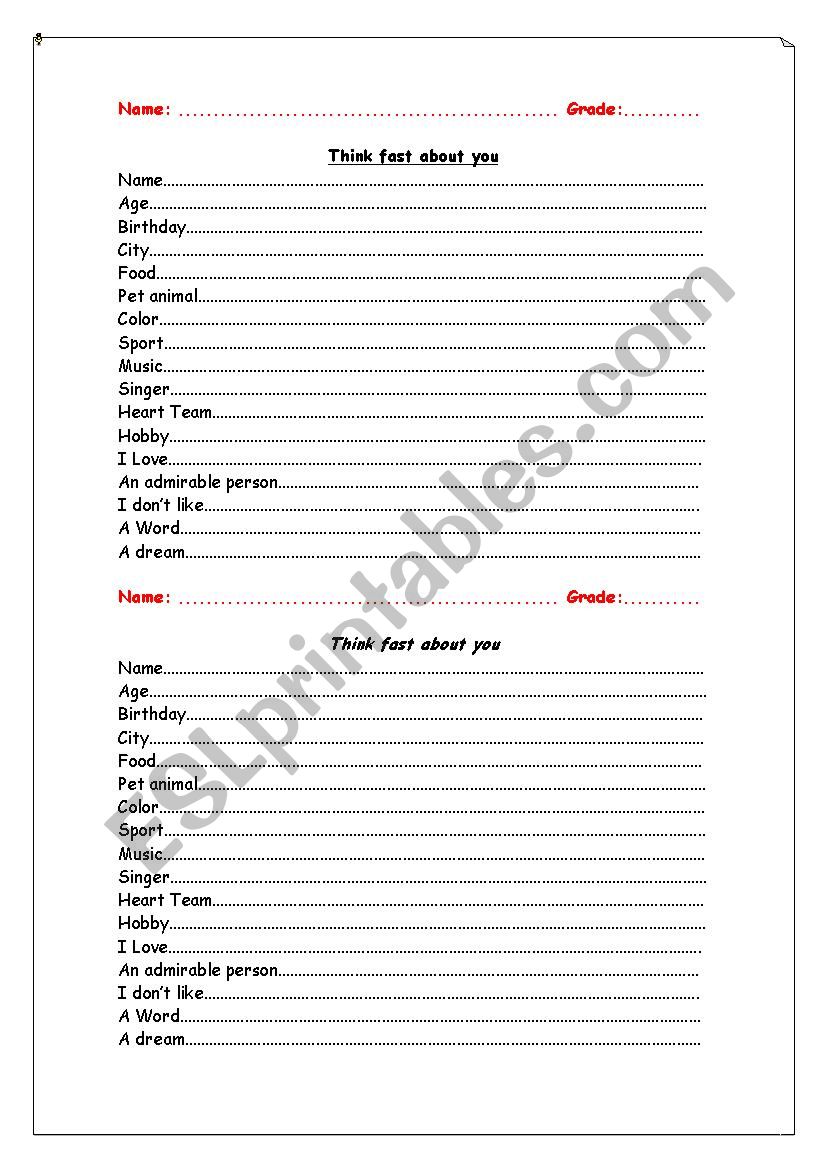 Think fast about you worksheet