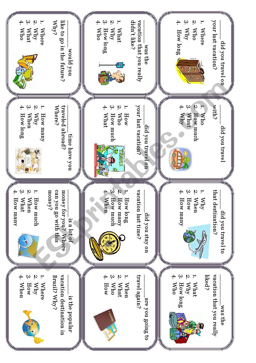 Wh-questions conversation cards about traveling