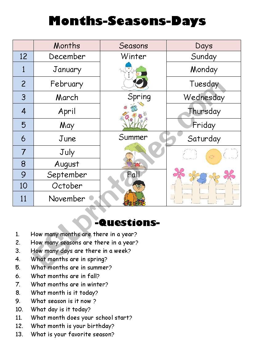 Months-Seasons-Days worksheet