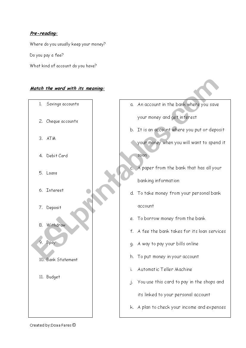 A bank statement  worksheet