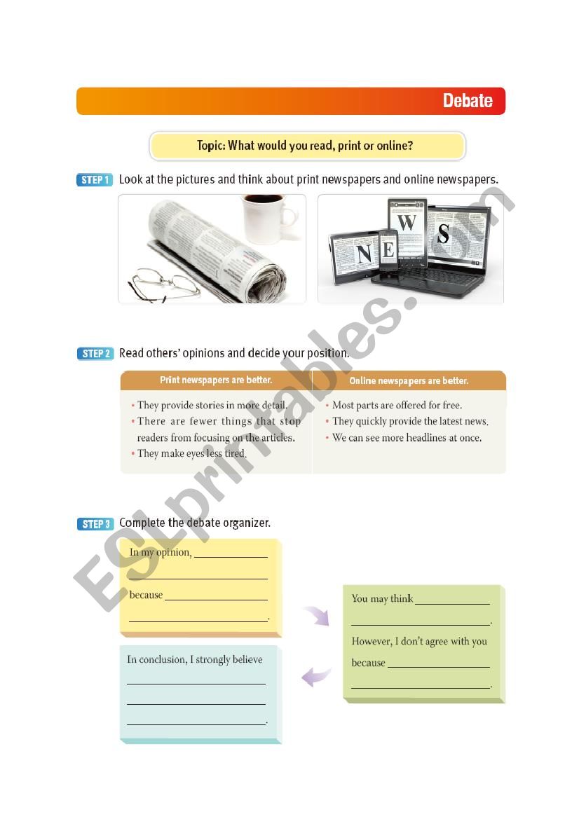 debate, print or online worksheet