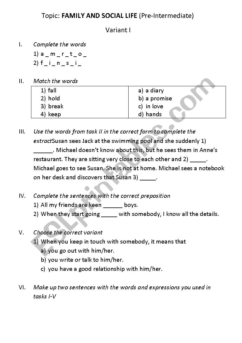 Family and social life (vocabulary test)