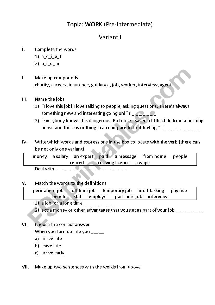 Work (vocabulary test) worksheet