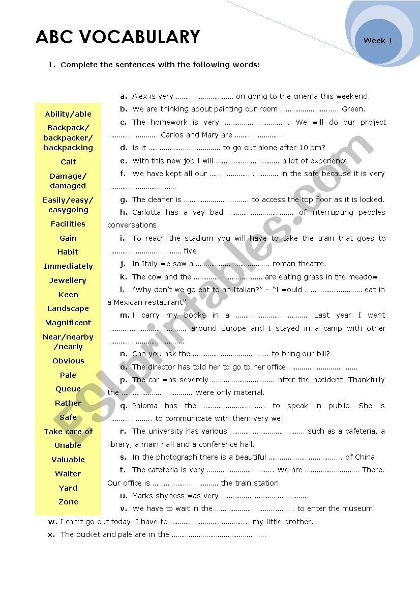 ABC VOCABULARY WEEK 1 worksheet