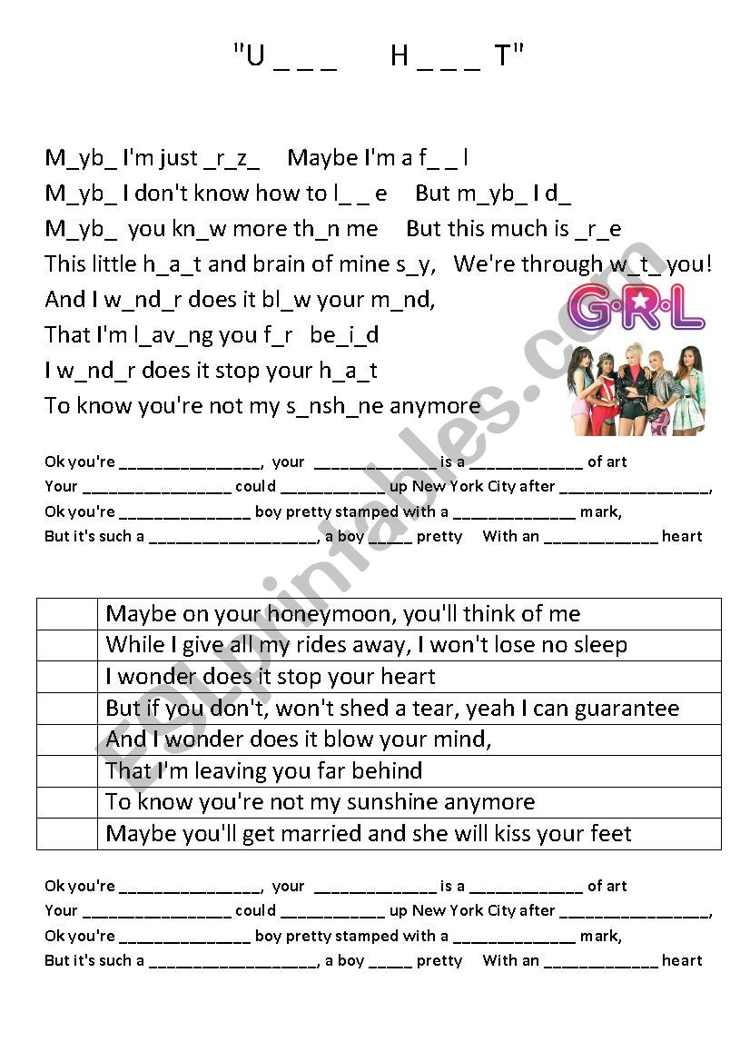 UGLY HEART G.R.L a song worksheet