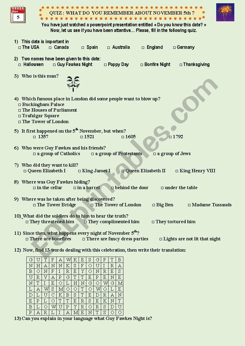 Quiz about Guy Fawkes worksheet