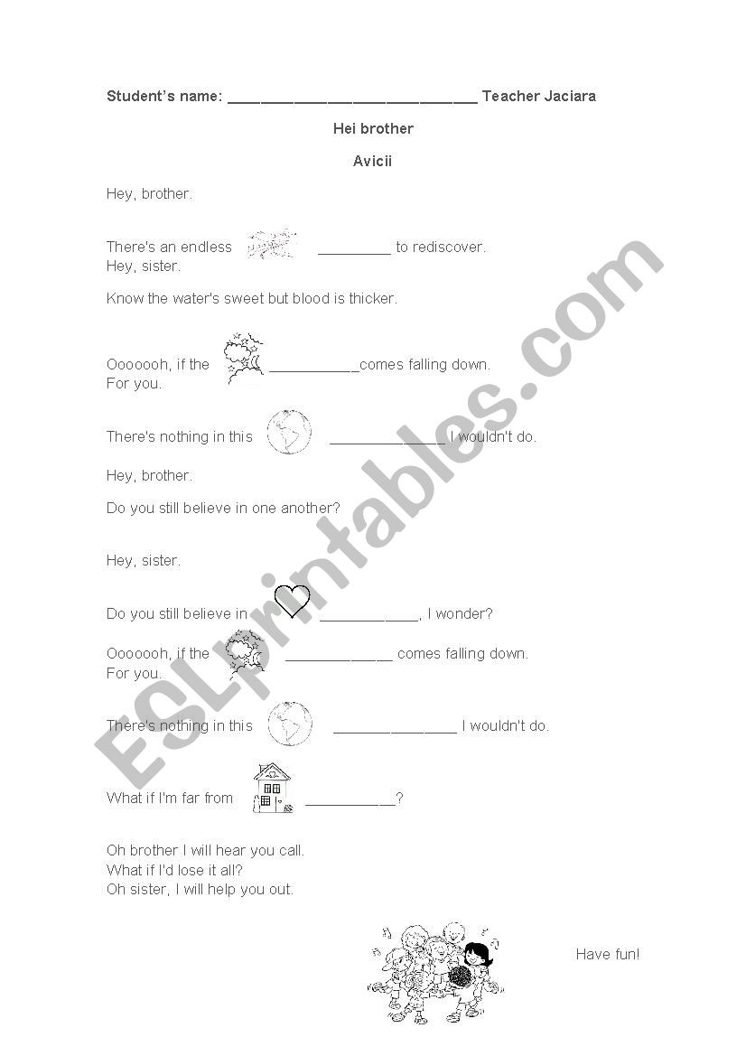 Hei brother song activity worksheet